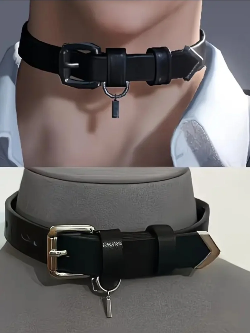 Black Faux Leather Buckle Anime Inspired Pendant Choker for Men